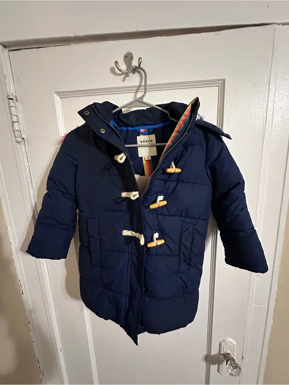 Mini Boden Navy Toggle Puffer Coat with Rainbow Trim